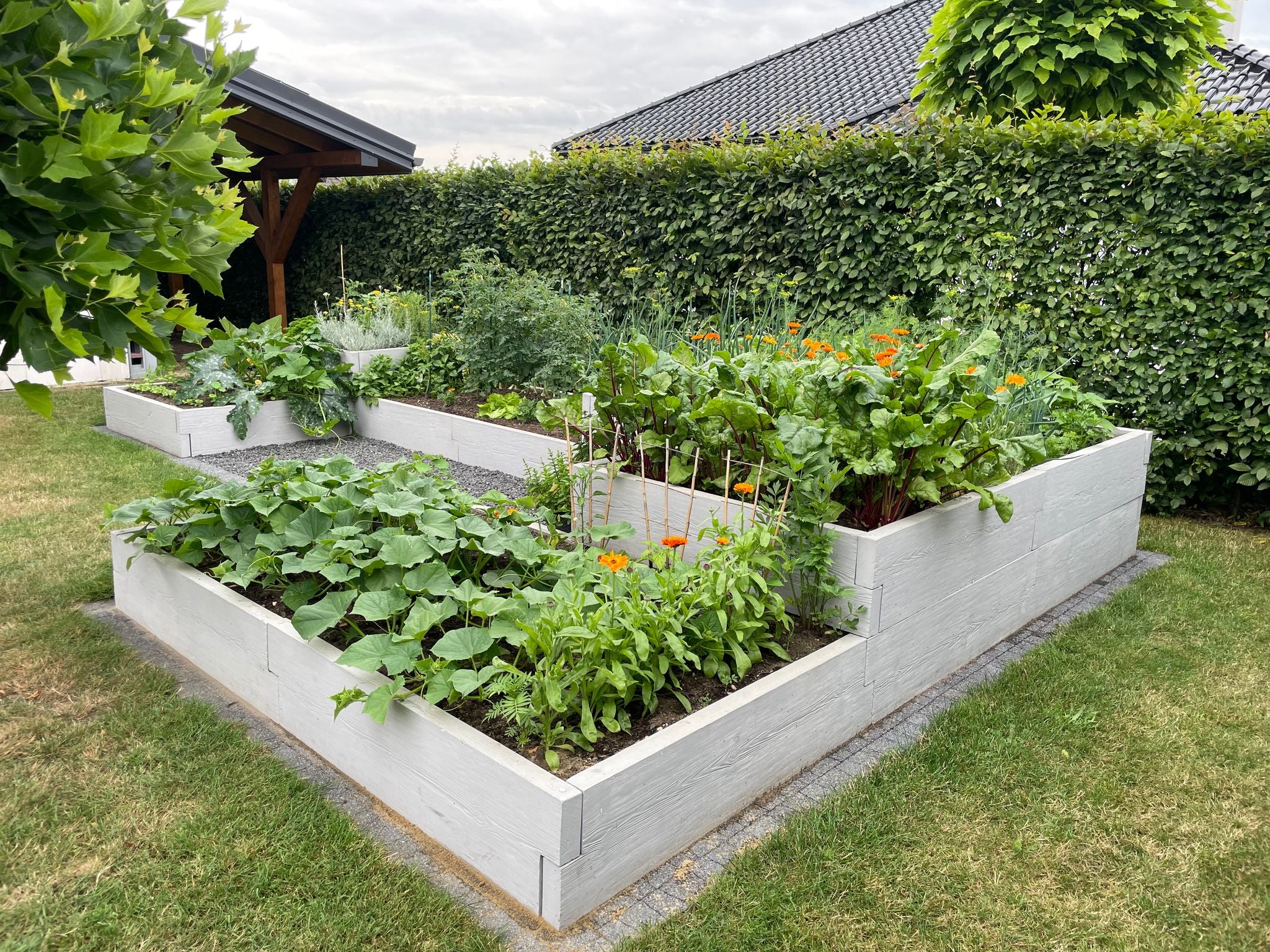 Hochbeet über 2 Etagen in U-Form bepflanzt